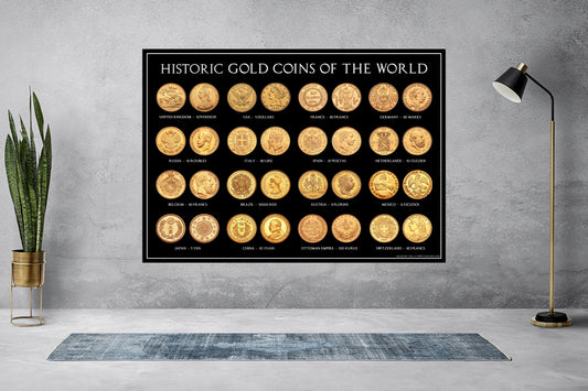 Historic Gold Coins of The World A3 Poster (Sovereign, Dollar, Francs Ect)