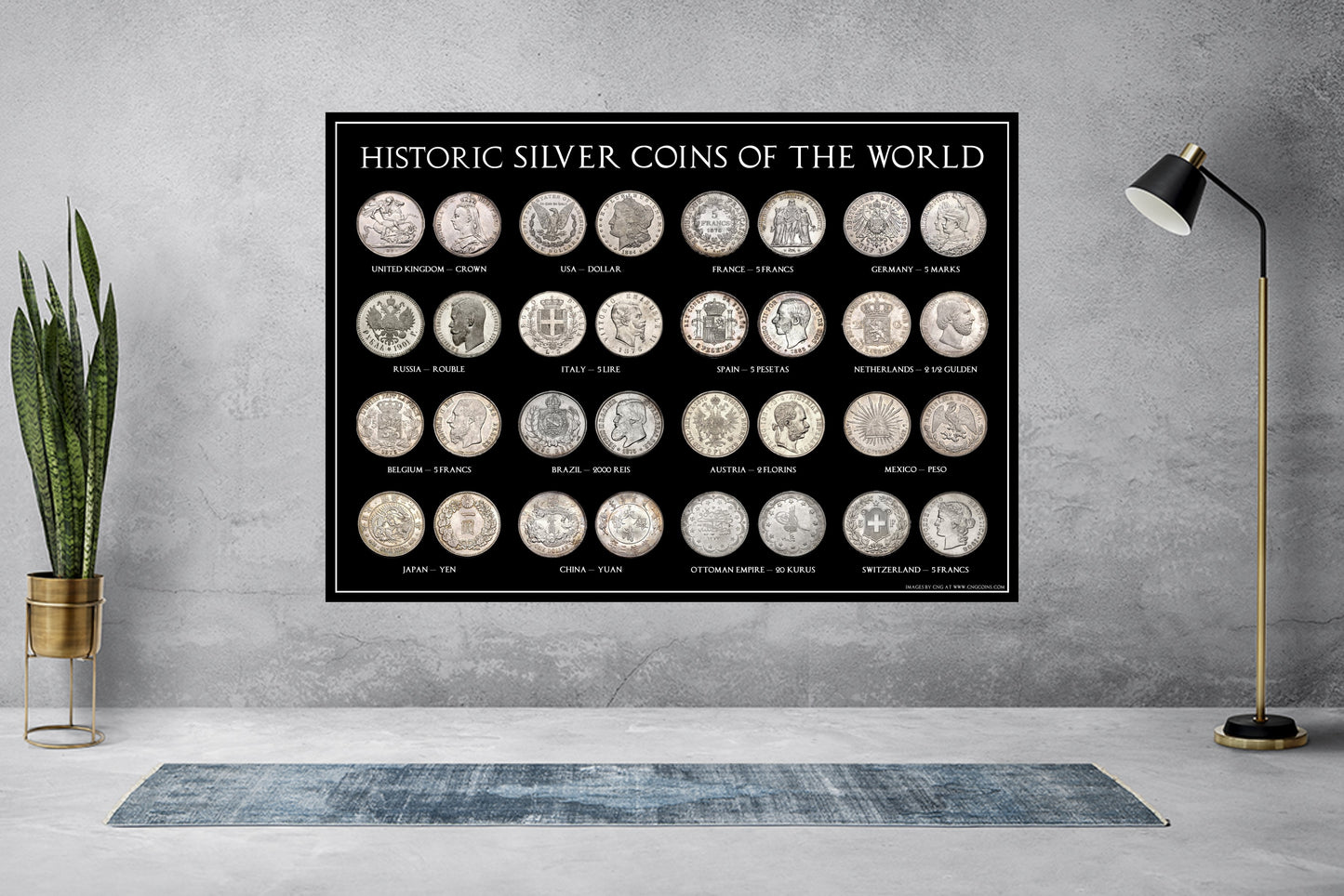Historic Silver Coins of The World A3 Poster (Crown, Dollar, Francs Ect)