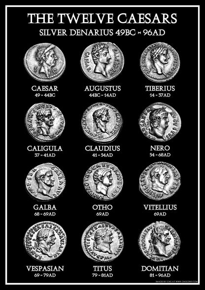 Poster of 'The Twelve Caesars' with silver denarii coins featuring Roman emperors from 49 BC to 96 AD.