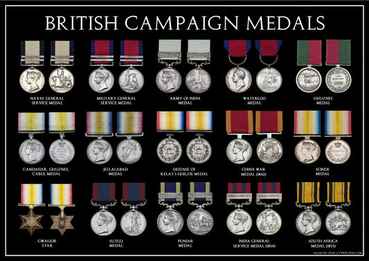 British Victorian Campaign Medals A3 Poster No1 (Waterloo, China Ect)