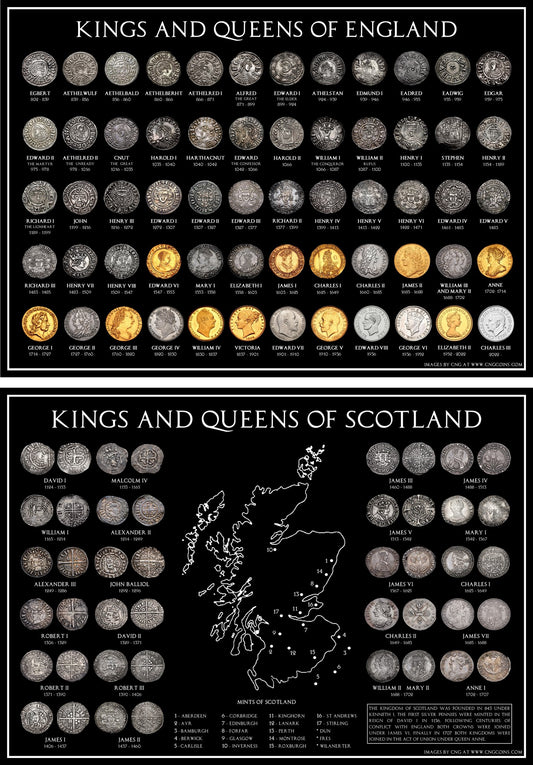 Kings and Queens of England + Scotland Coin Poster Set