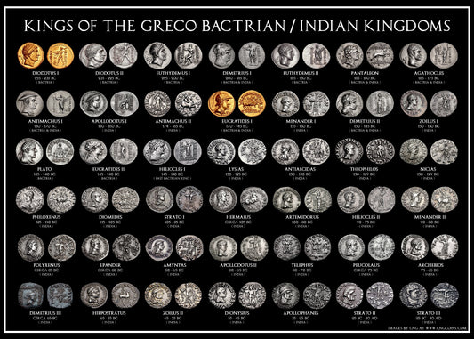 Kings of The Greco Bactrian & Indian Kingdoms A3 Coin Poster