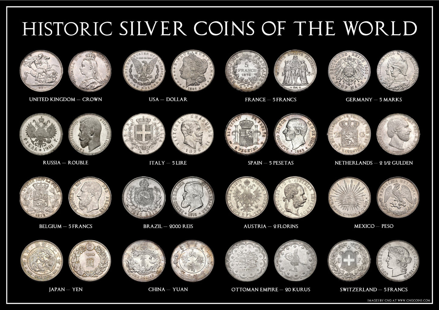 Historic Silver Coins of The World A3 Poster (Crown, Dollar, Francs Ect)