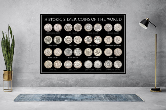 Historic Silver Coins of The World A3 Poster (Crown, Dollar, Francs Ect)