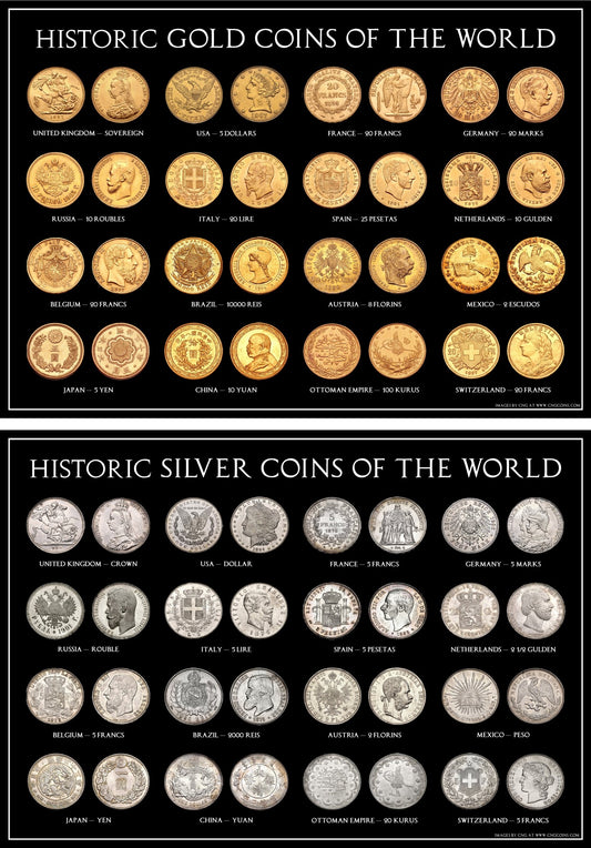 Historic Gold and Silver Coins of the World A3 Poster Set