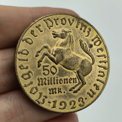 1923 Weimar Germany Westphalia 50 Million Mark Notgeld Gilt Bronze Coin