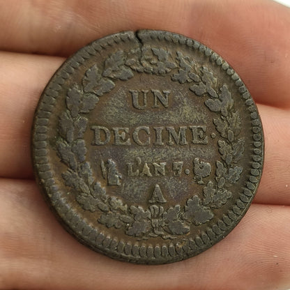 France First Republic 1 Decime LAN 7 1798 Copper Coin