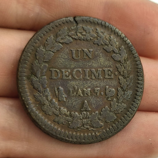 France First Republic 1 Decime LAN 7 1798 Copper Coin