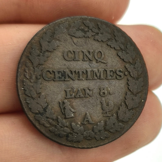 France First Republic 5 Centimes LAN 8 1799 Copper Coin